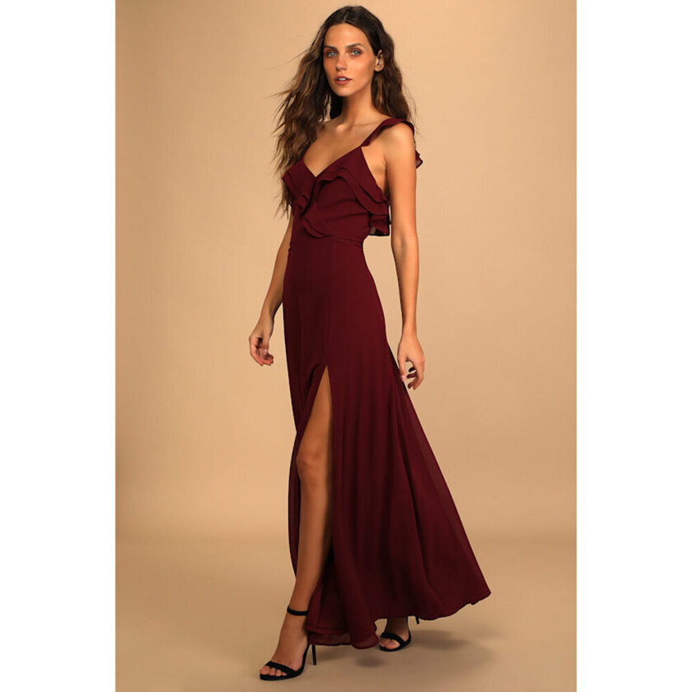 Lulus Adoring Glances Burgundy Ruffled Maxi Dress Red - Size S